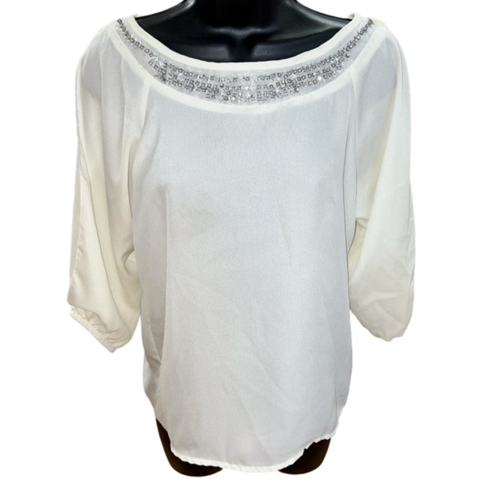 Charlotte Russe Sheer Rhinestone Boatneck Top w/Slit Sleeves Sz S